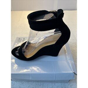 Wedge High Heels Peep Toe Platform Ankle Strap Black Suede Women SZ 8.5 New